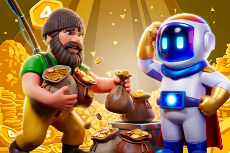 Personagem pescador entregando moedas a robô astronauta ilustrando como fazer depósito na 4Play