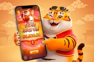 Personagem Fortune Tiger segurando celular com grande vitória no slot