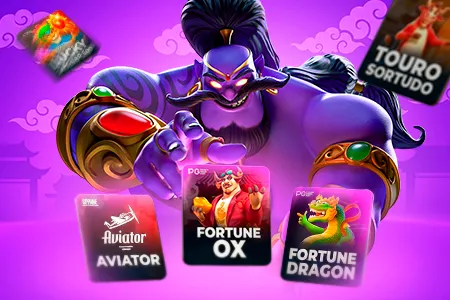 Personagem gênio roxo segurando ícones dos jogos Aviator Fortune Ox e Fortune Dragon na 4Play
