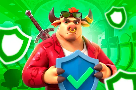 Personagem touro segurando escudo azul com verificação verde representando segurança e proteção nas apostas