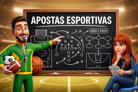 Treinador animado explicando estratégias de apostas esportivas em lousa para aluna concentrada