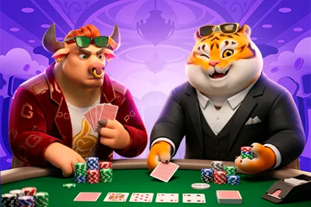 Personagens touro e tigre jogando baccarat em mesa de cassino com fichas e cartas