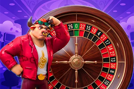 Personagem animado ao lado de roleta de cassino no guia de como jogar roleta