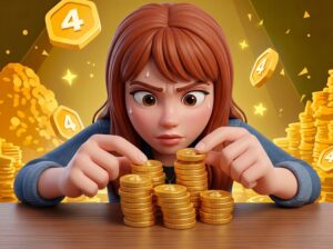 Personagem da 4Play contando moedas de ouro com expressão concentrada