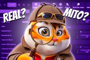 Personagem tigre detetive investigando tela com Real e Mito sobre aposta garantida