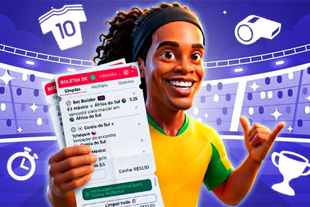 Jogador de futebol animado segurando boletim de aposta múltipla com várias seleções