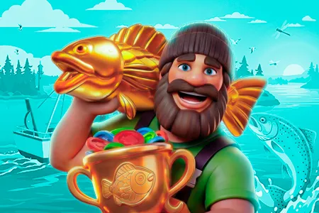 Personagem do slot Big Bass Bonanza segurando peixe dourado gigante e troféu