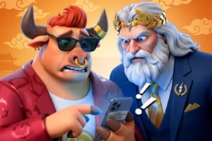 Dois personagens animados observando celular com opção de cash out em aposta esportiva