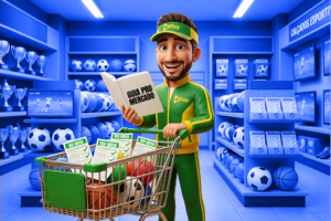 Personagem da 4Play com carrinho em loja esportiva segurando guia de mercados de apostas