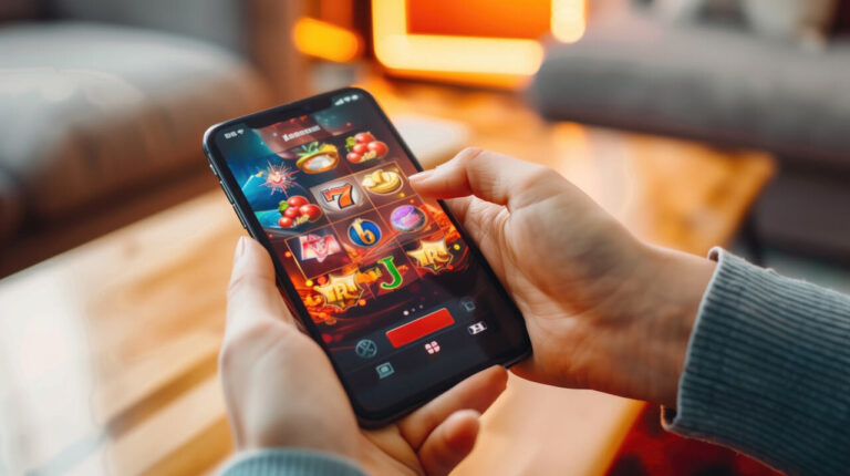 Close-up das mãos de uma pessoa jogando um jogo de slots temático de frutas e diamantes em um smartphone moderno. A tela vibrante mostra símbolos de vitória e opções de bônus apostas disponíveis para giros grátis.