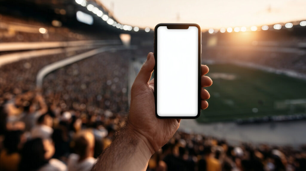 Mão segurando celular com tela em branco em estádio de futebol, ideal para aprender como usar o handicap asiático em apostas esportivas.
