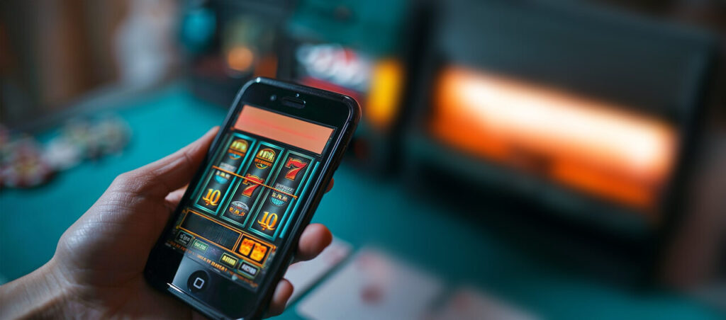 Uma mão segura um smartphone em primeiro plano, exibindo um jogo de caça-níqueis de três bobinas clássico com símbolos de setes e ouros. A tela tem tons esmeralda e dourados. O fundo está desfocado, mas mostra uma mesa de jogo turquesa e outras máquinas de cassino iluminadas, criando uma atmosfera de jogo. A imagem transmite a ideia de buscar a aposta garantida em jogos de cassino tradicionais agora disponíveis digitalmente.
