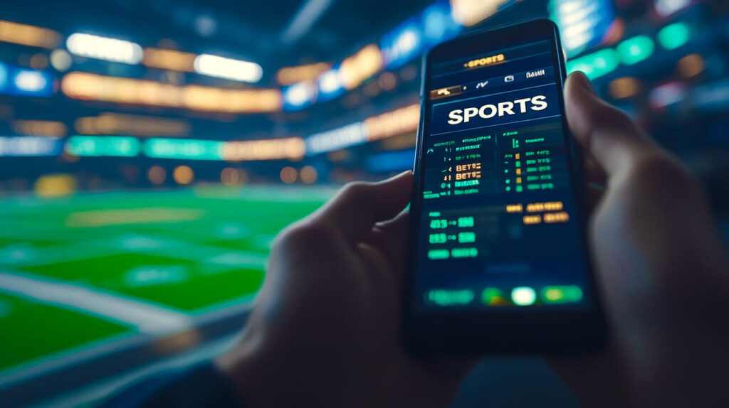Pessoa segurando smartphone com aplicativo aberto em mercados de apostas esportivas diante de um campo de futebol americano.