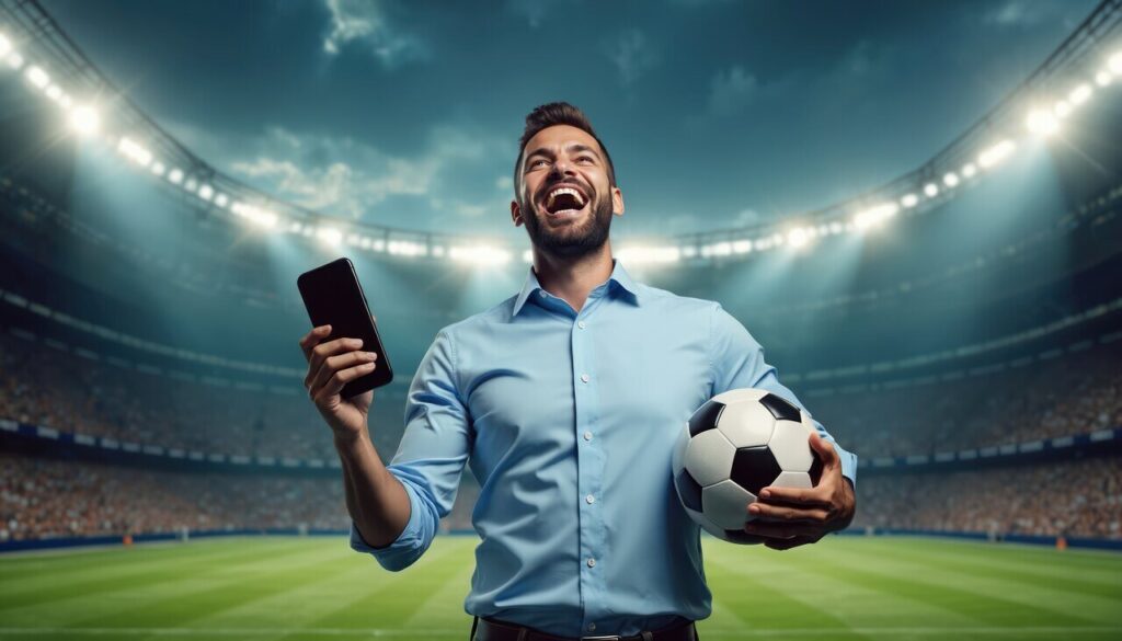 Homem vibrando em estádio com celular e bola, celebrando vitória ao utilizar diferentes tipos de handicap asiático em suas apostas.