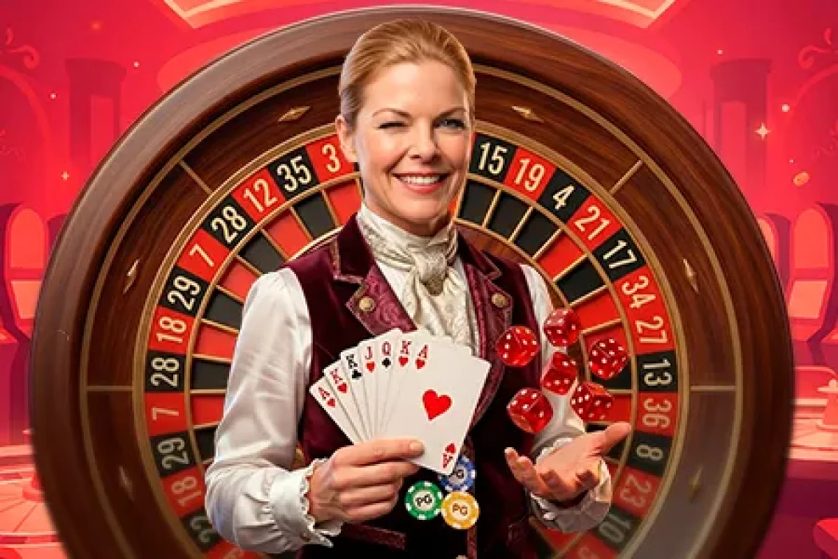 Dealer de cassino ao vivo sorrindo com cartas na mão em frente a roleta representando os melhores jogos